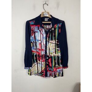 Parsley & Sage Womens Abstract Art Print Button Up Tunic Shirt Navy Blue Medium